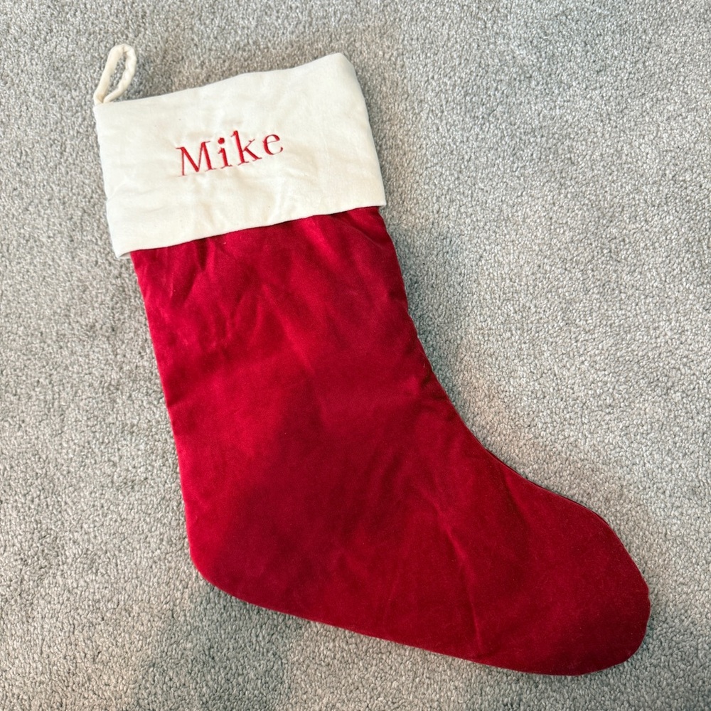 Pottery Barn Classic Velvet Christmas Stocking Red Ivory Medium Printed Mike